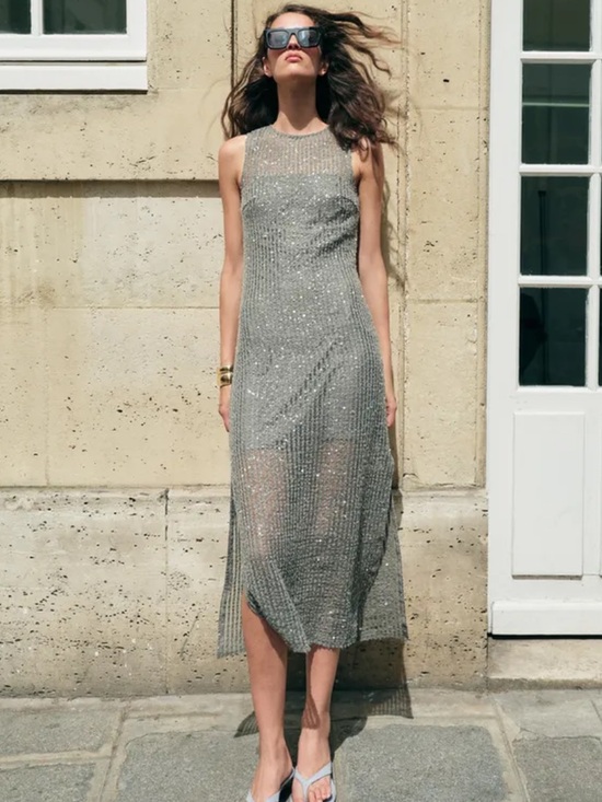 Zara Dresses & Skirts - ZARA Silver Sequin Metallic Knit Midi Dress Size S